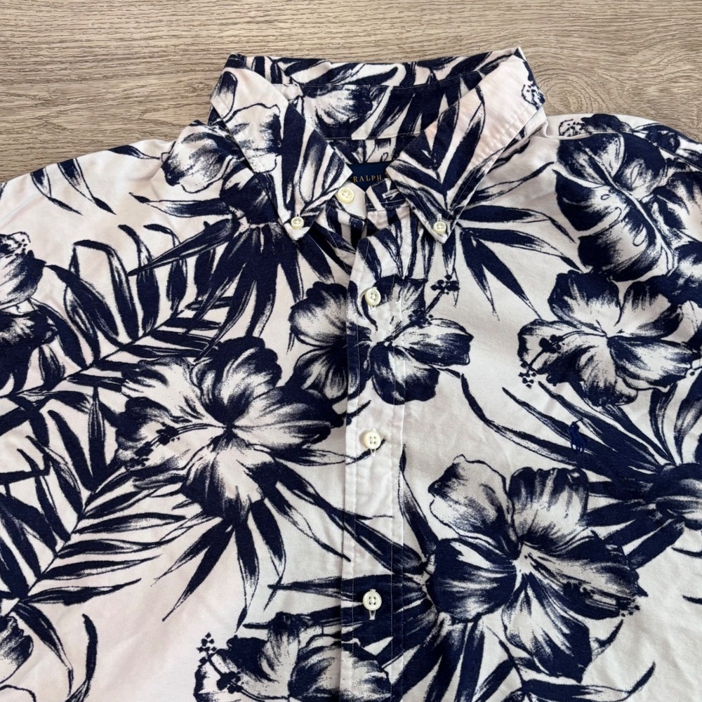 Ralph Lauren Button Down Shirt Mens XXL White Navy Blue Floral Hibiscus Tropical